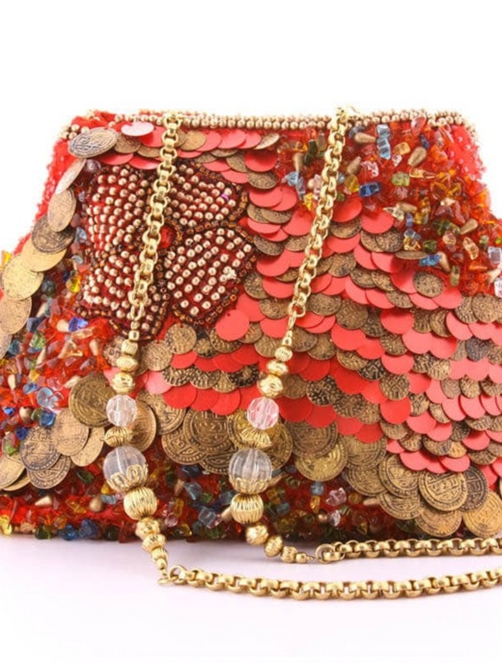 Gold-Embellished Red Sequin & Coin Evening Clutch